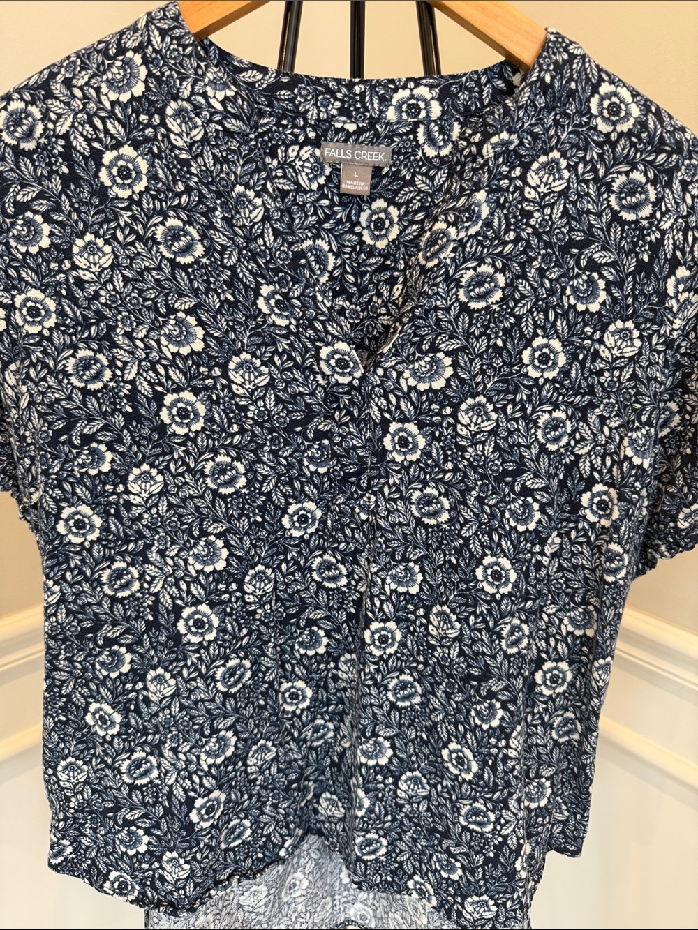Falls Creek Navy and White Floral Button-Front Women's Shirt